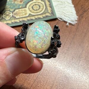 Iridescent Opal Ring with Dark Detailing